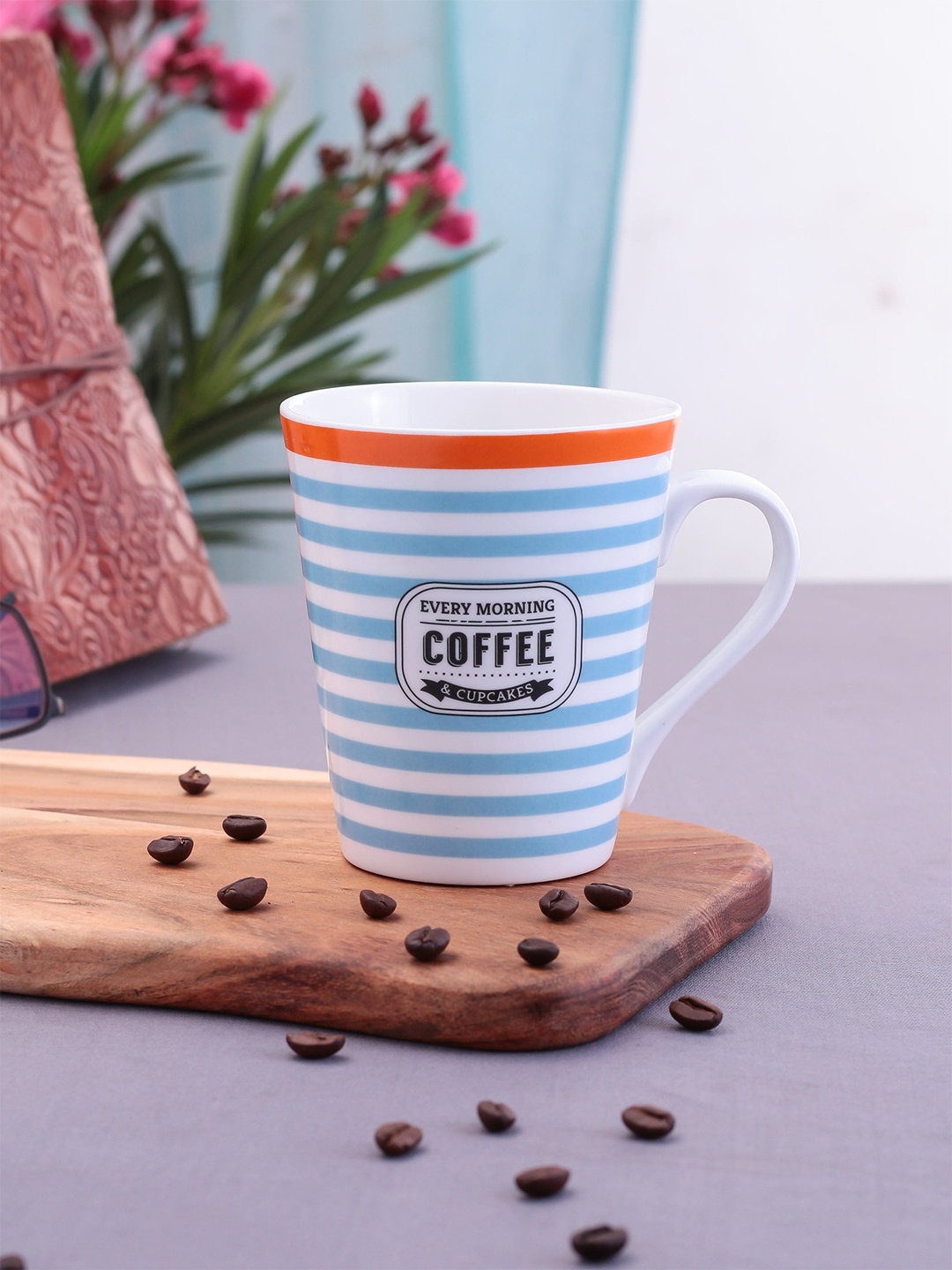 

CLAY CRAFT Set of 2 White & Blue Printed Ceramic Mugs 300 ml