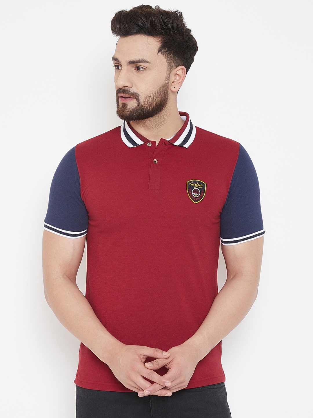 

Austin wood Men Red Solid Cotton Polo Collar T-shirt