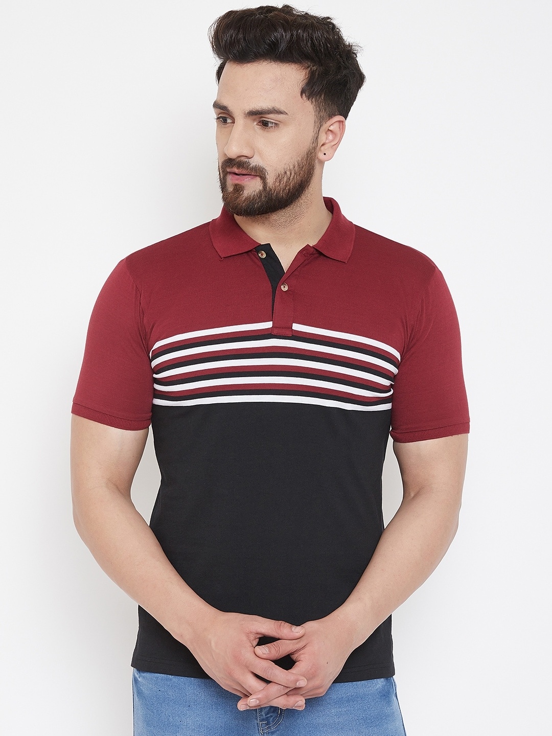 

Austin wood Men Red Colourblocked Cotton Polo Collar T-shirt