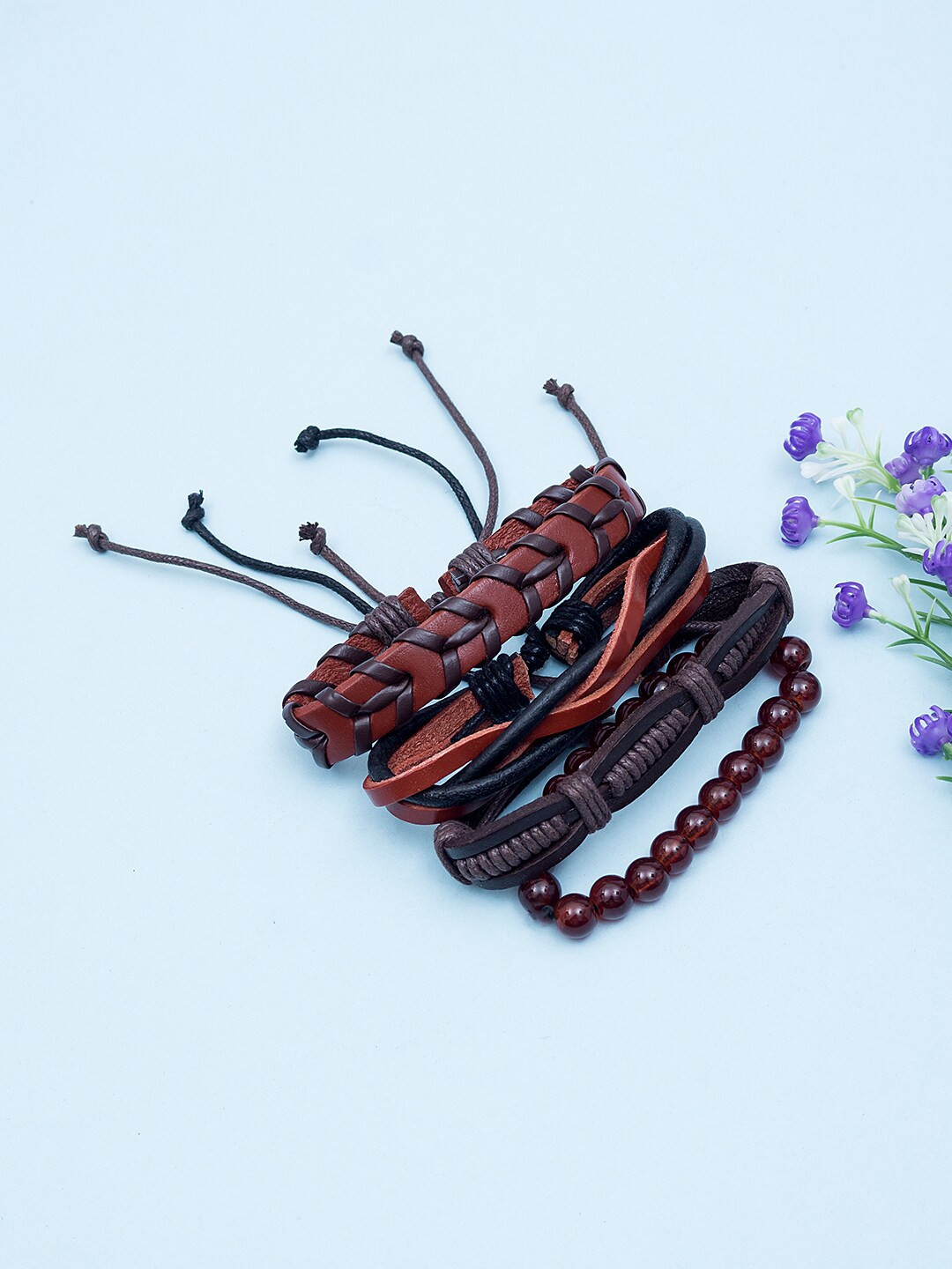 

Golden Peacock Unisex Set of 4 Brown & Red Leather Elasticated Bracelets