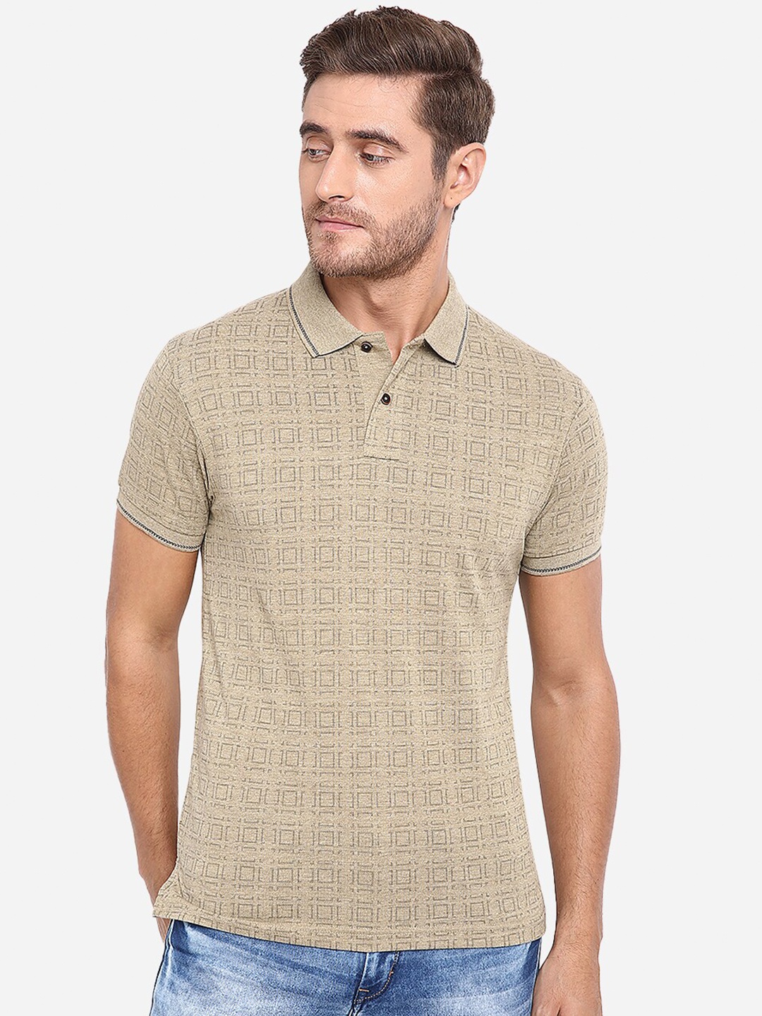 

Greenfibre Men Beige Self Design Polo Collar T-shirt
