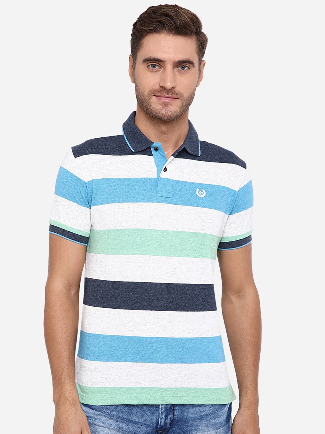 

Greenfibre Men White & Blue Striped Polo Collar T-shirt