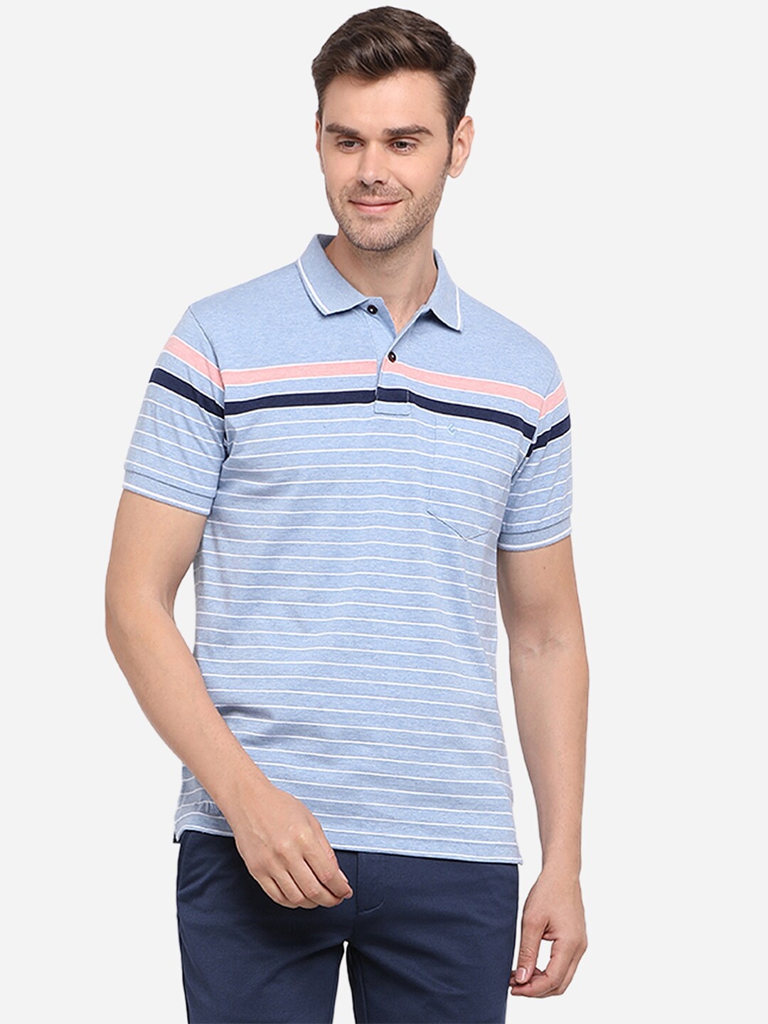 

Greenfibre Men Blue & White Striped Polo Collar T-shirt