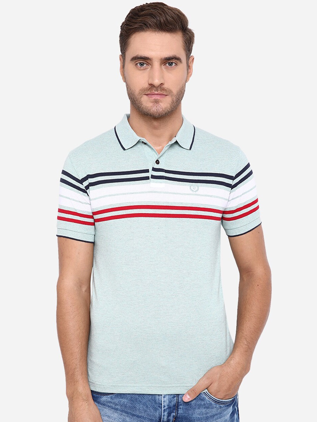 

Greenfibre Men Green Striped Polo Collar T-shirt