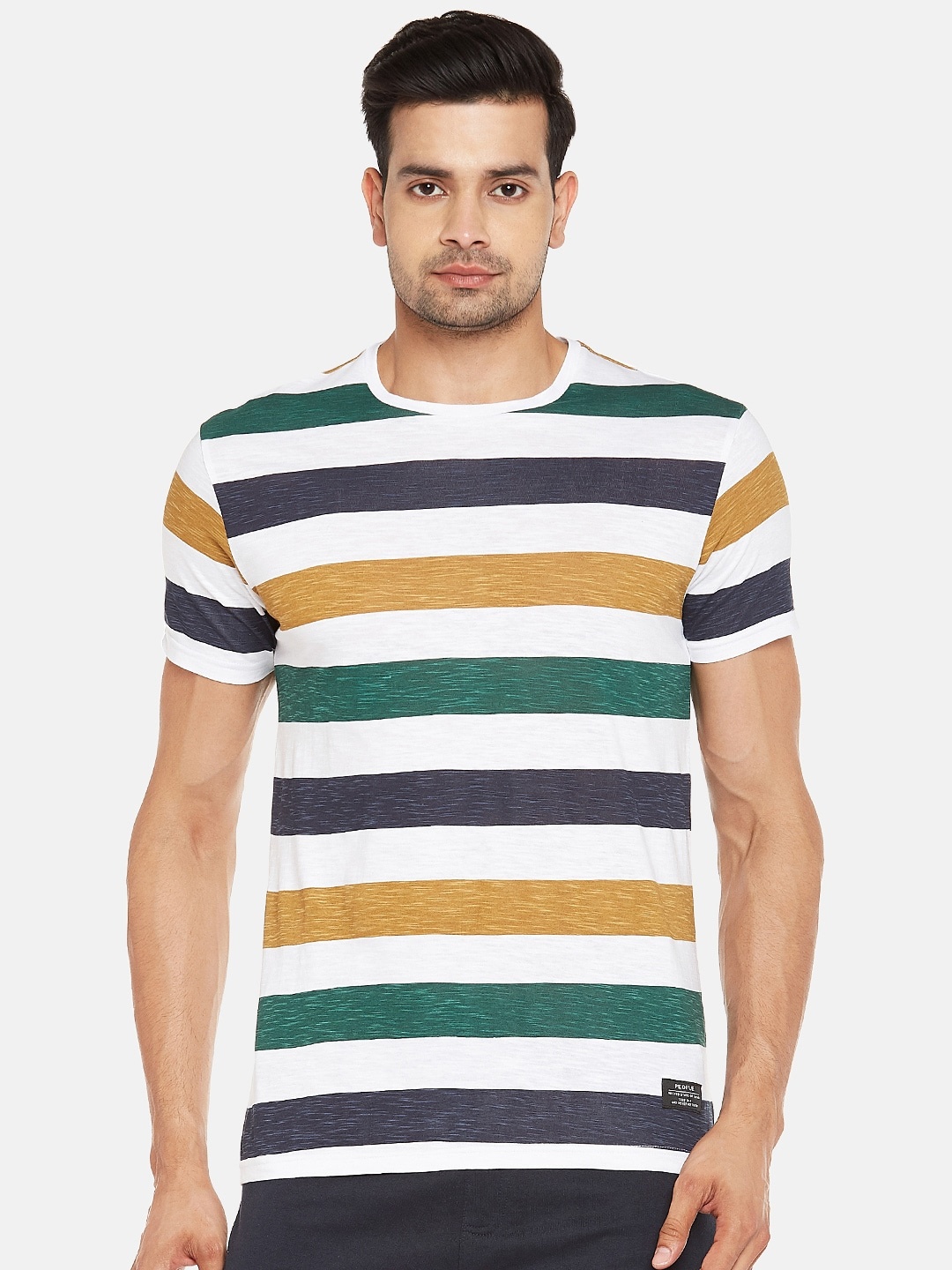 

People Men Multicoloured Pure Cotton Striped Round Neck Pure Cotton T-shirt, Multi