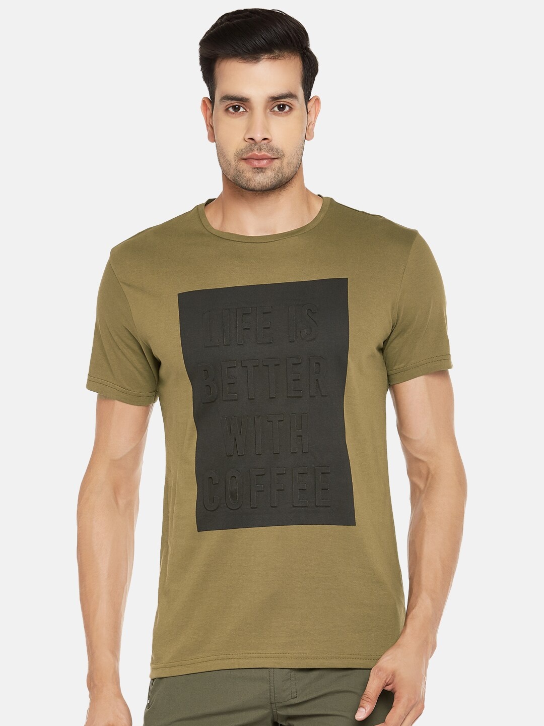 

People Men Olive Green Pure Cotton Printed Round Neck Pure Cotton T-shirt