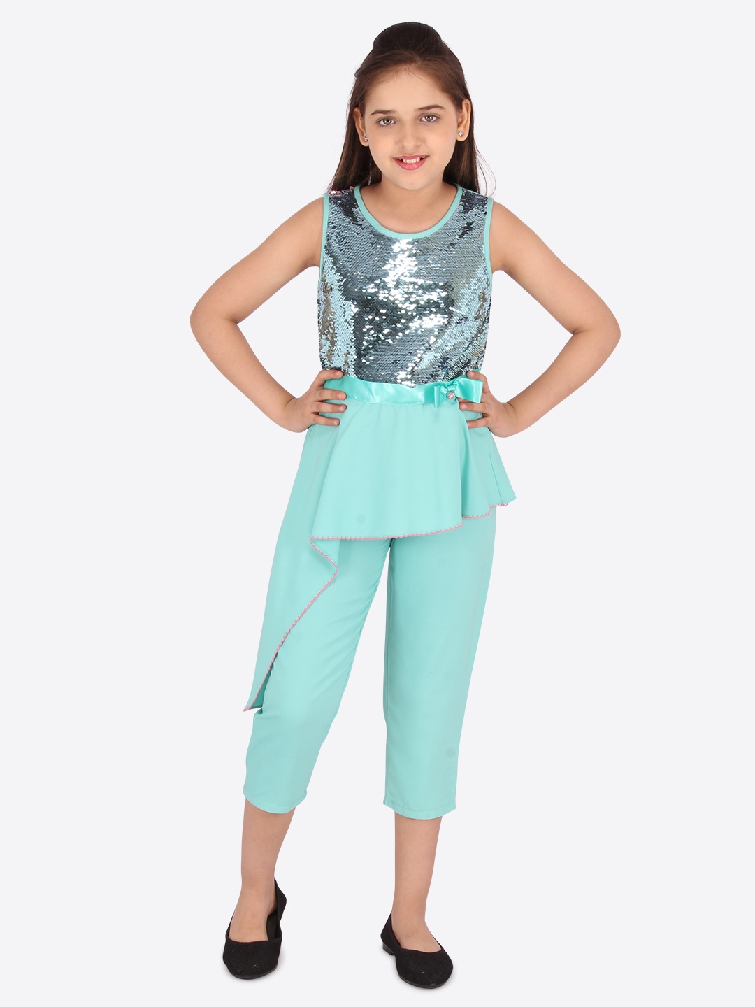 

CUTECUMBER Girls Sea Green & Silver-Toned Colourblocked Culotte Jumpsuit