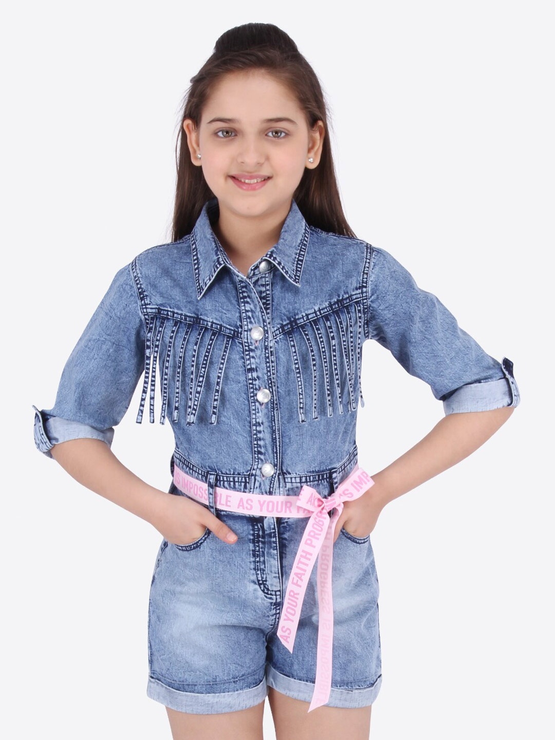 

CUTECUMBER Girls Blue Solid Denim Playsuit