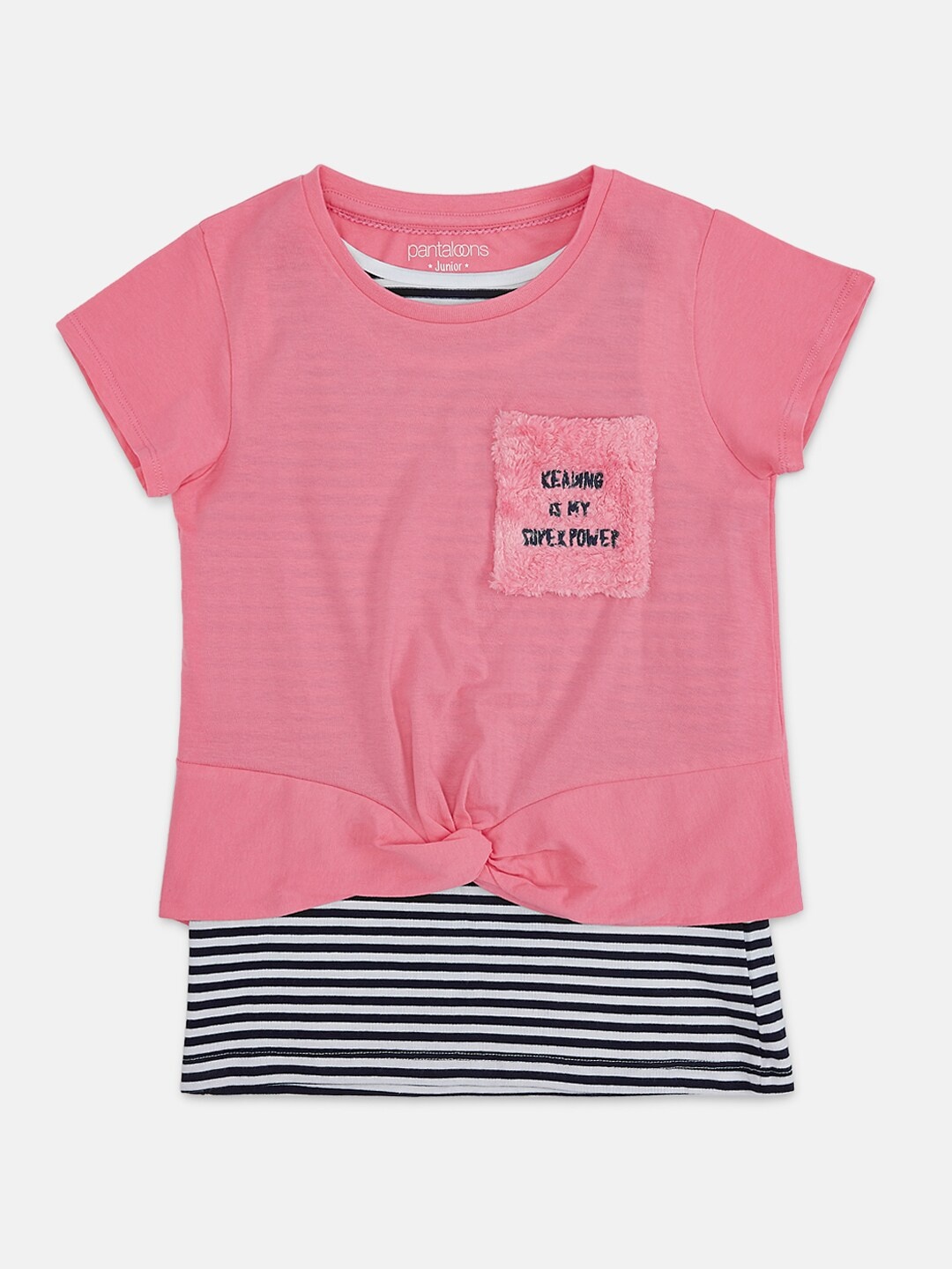 

Pantaloons Junior Girls Pink Pure Cotton Striped Round Neck Pure Cotton T-shirt