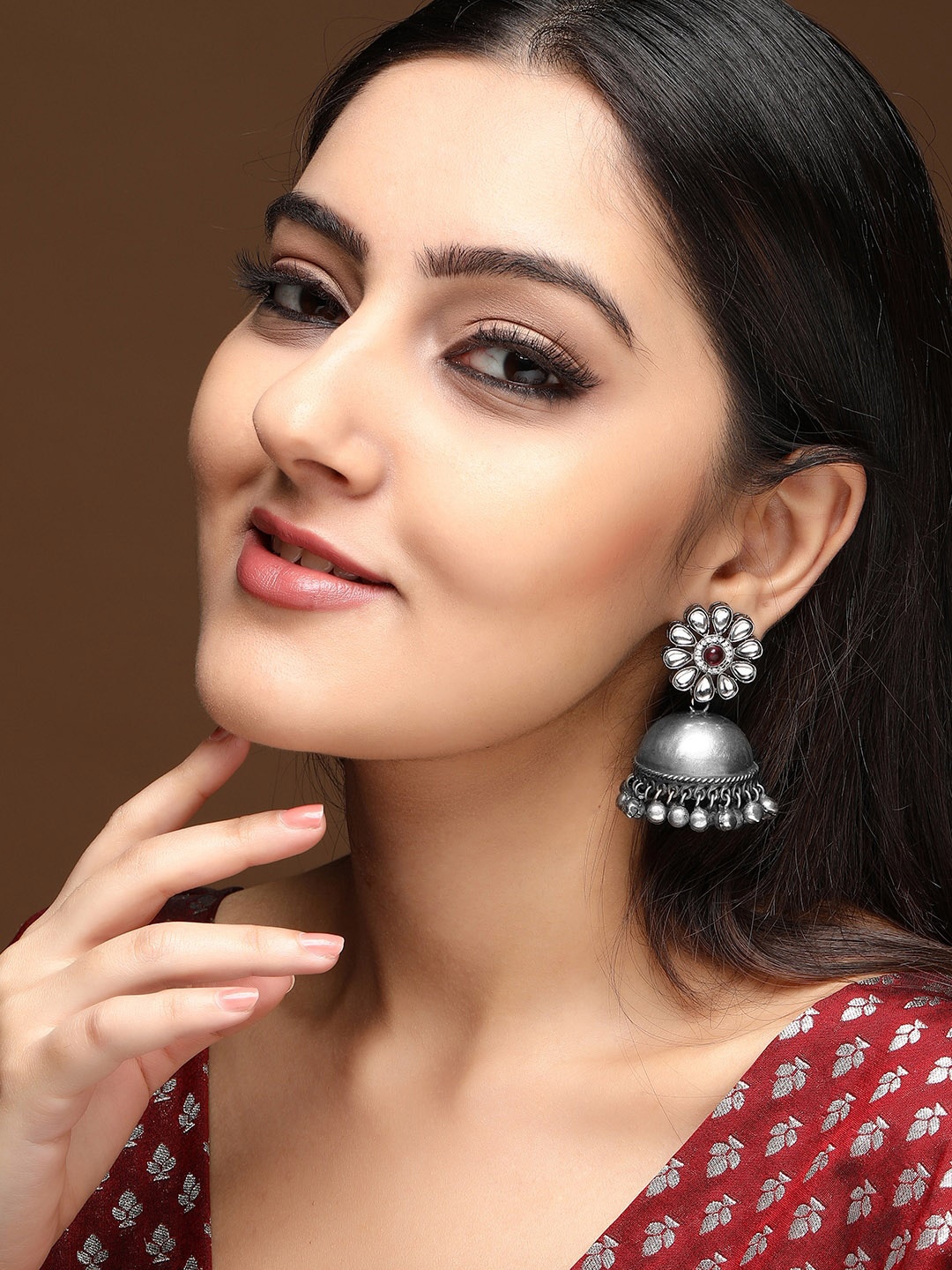 

Rubans Oxidised Silver Plated Handcrafted Kundan & Ghungroo Jhumka Earrings