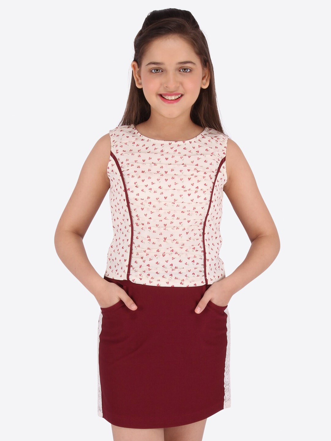 

CUTECUMBER Girls Pink & Maroon Printed Top with Skirt