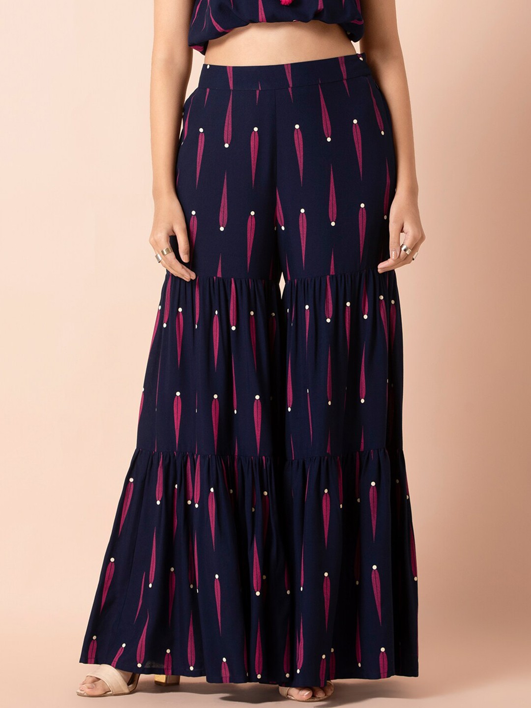 

INDYA Women Navy Blue & Pink Printed Flared Palazzos