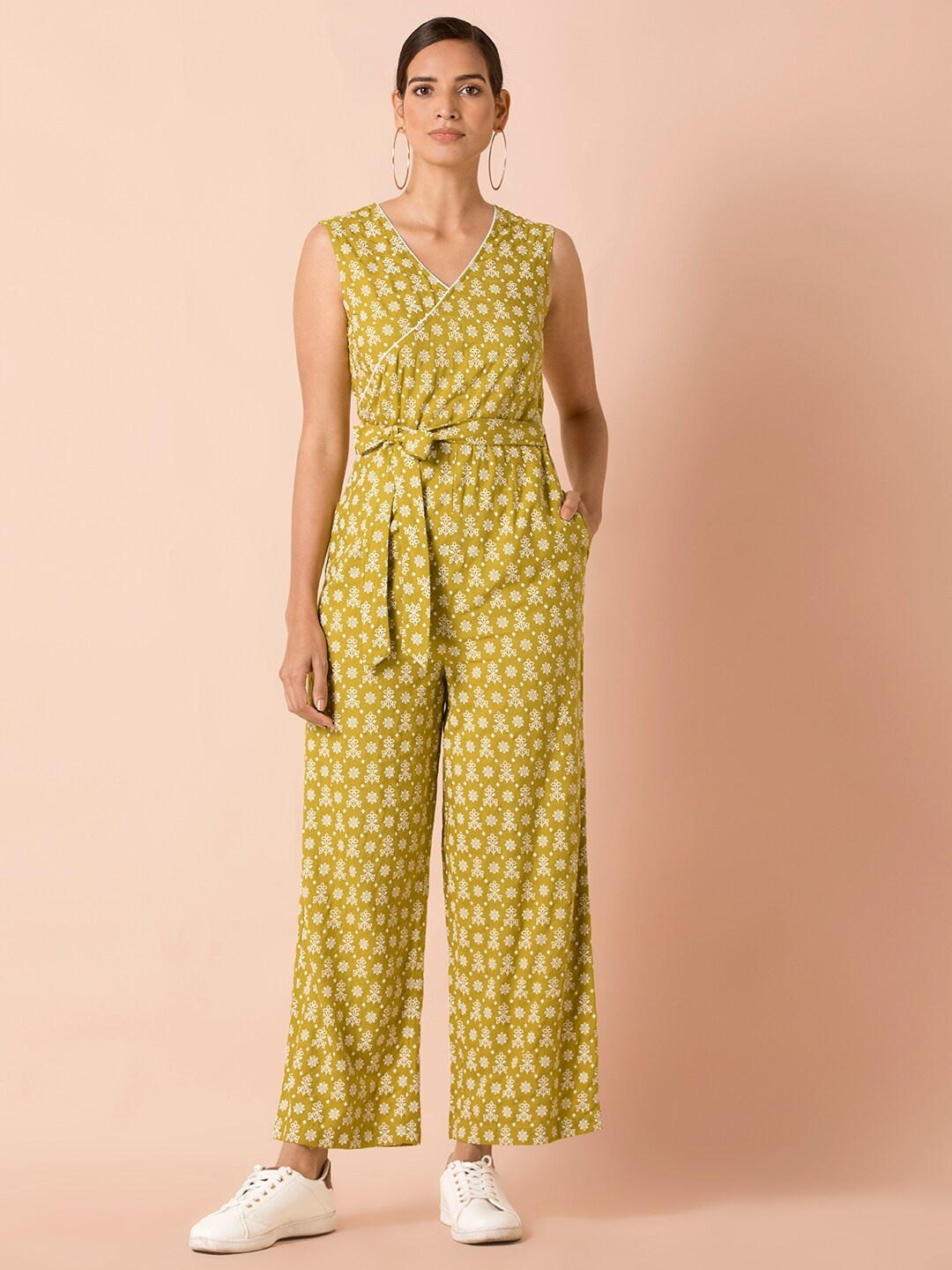 

INDYA Women Green & White Printed Basic Jumpsuit