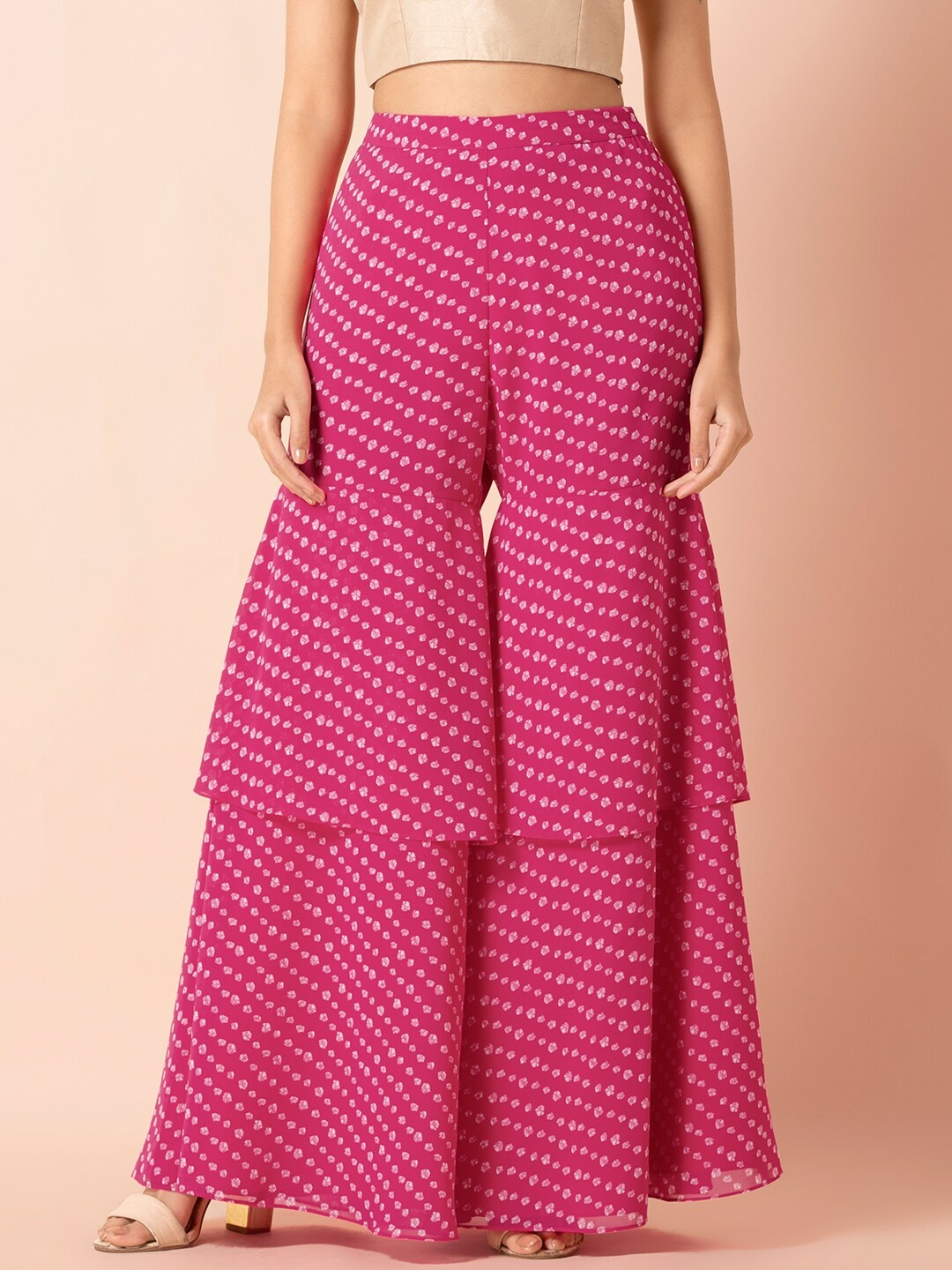 

INDYA Women Pink & White Printed Flared Palazzos
