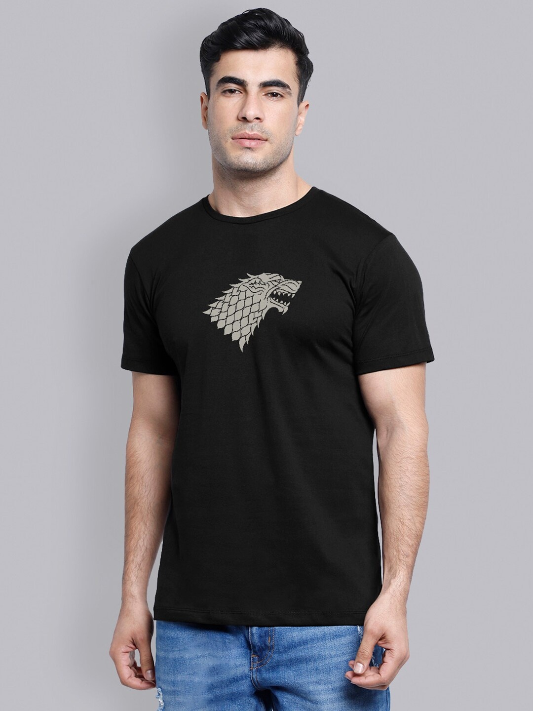 

Free Authority Men Black Game Of Thrones Printed Round Neck Pure Cotton T-shirt