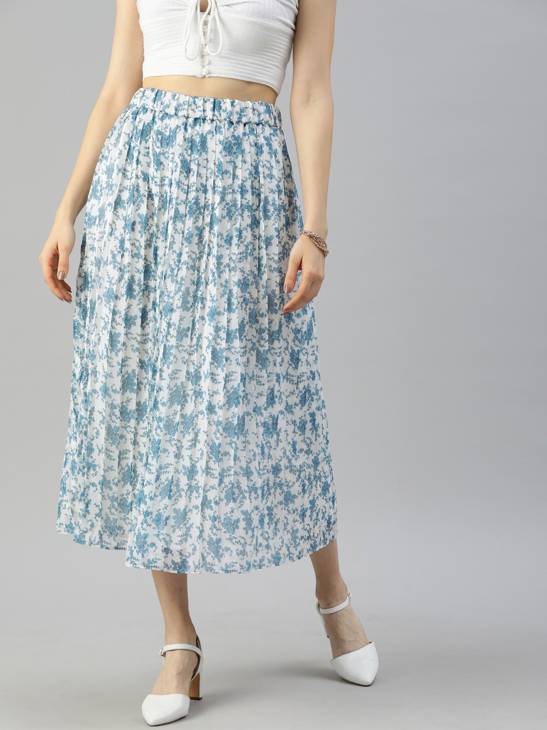 

I AM FOR YOU Women White & Blue Floral Printed Pleated A-Line Midi Skirt