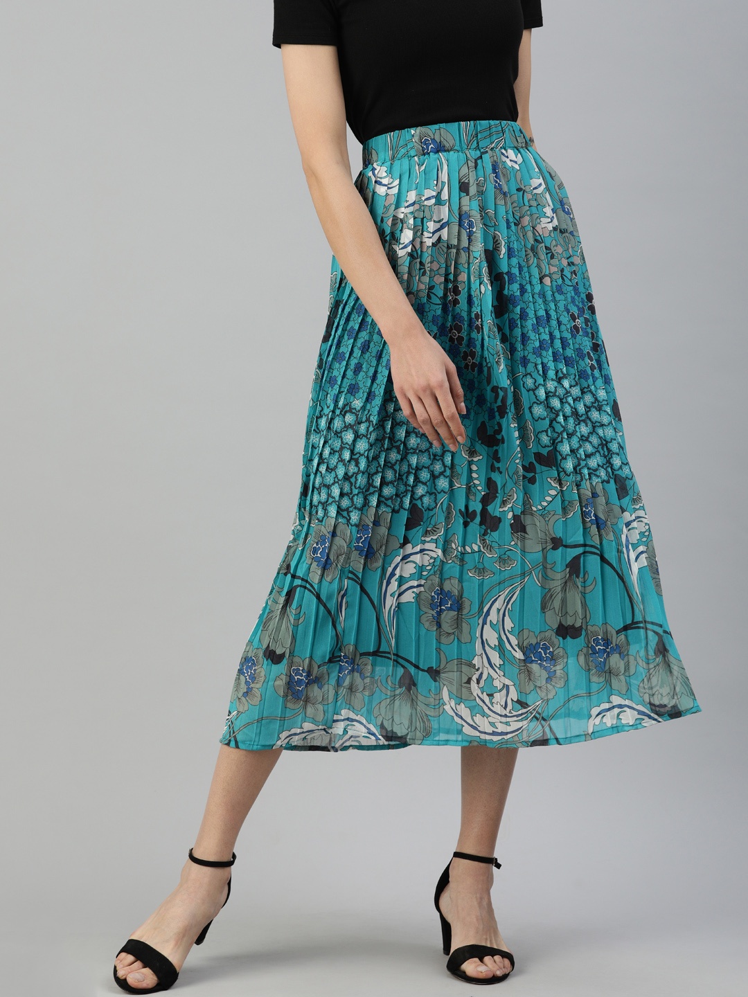 

I AM FOR YOU Women Blue & White Floral Printed Pleated A-Line Midi Skirt