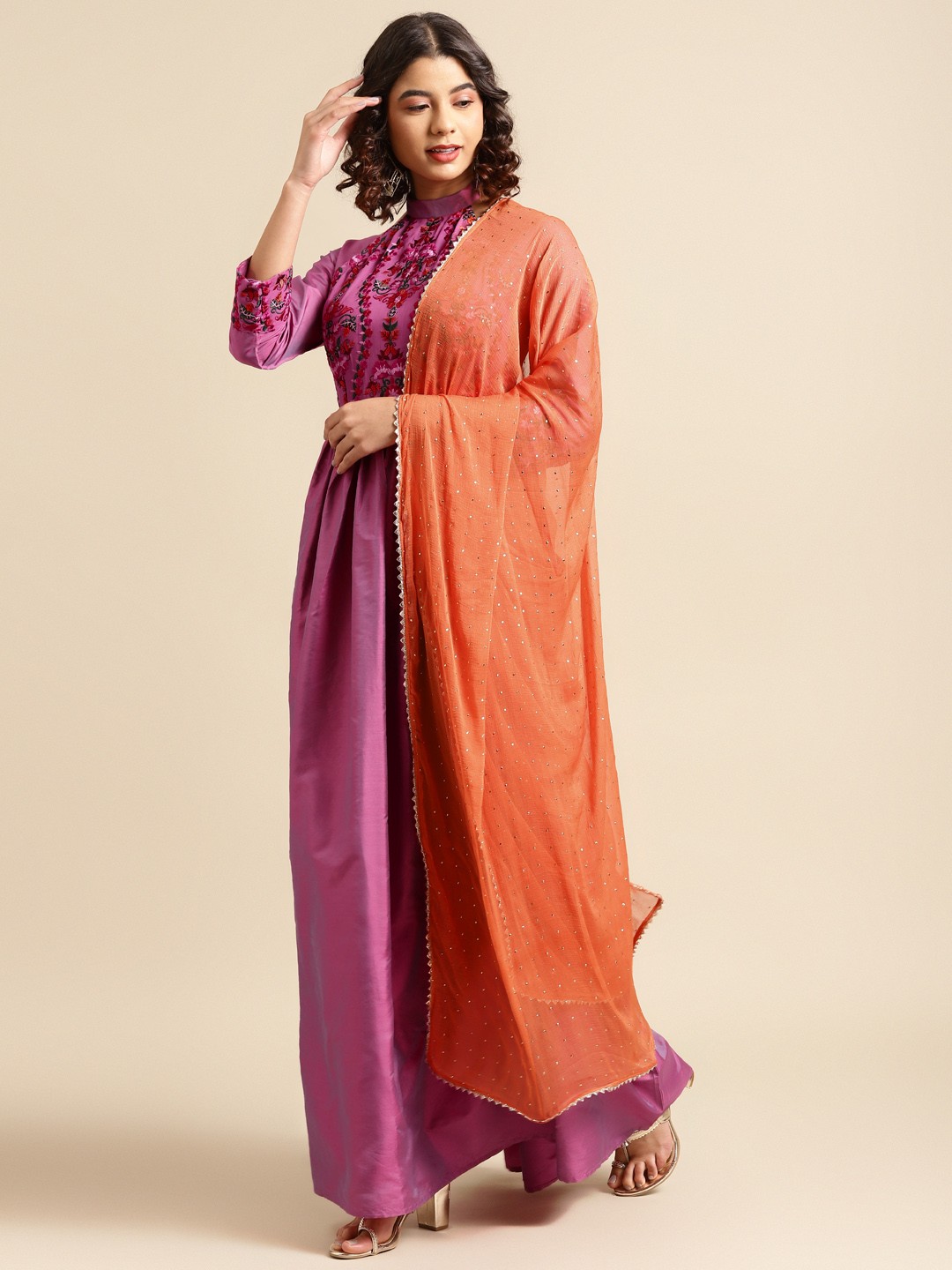 

Saadgi Women Magenta & Rust Orange Chikankari Yoke Design Anarkali Kurta with Dupatta