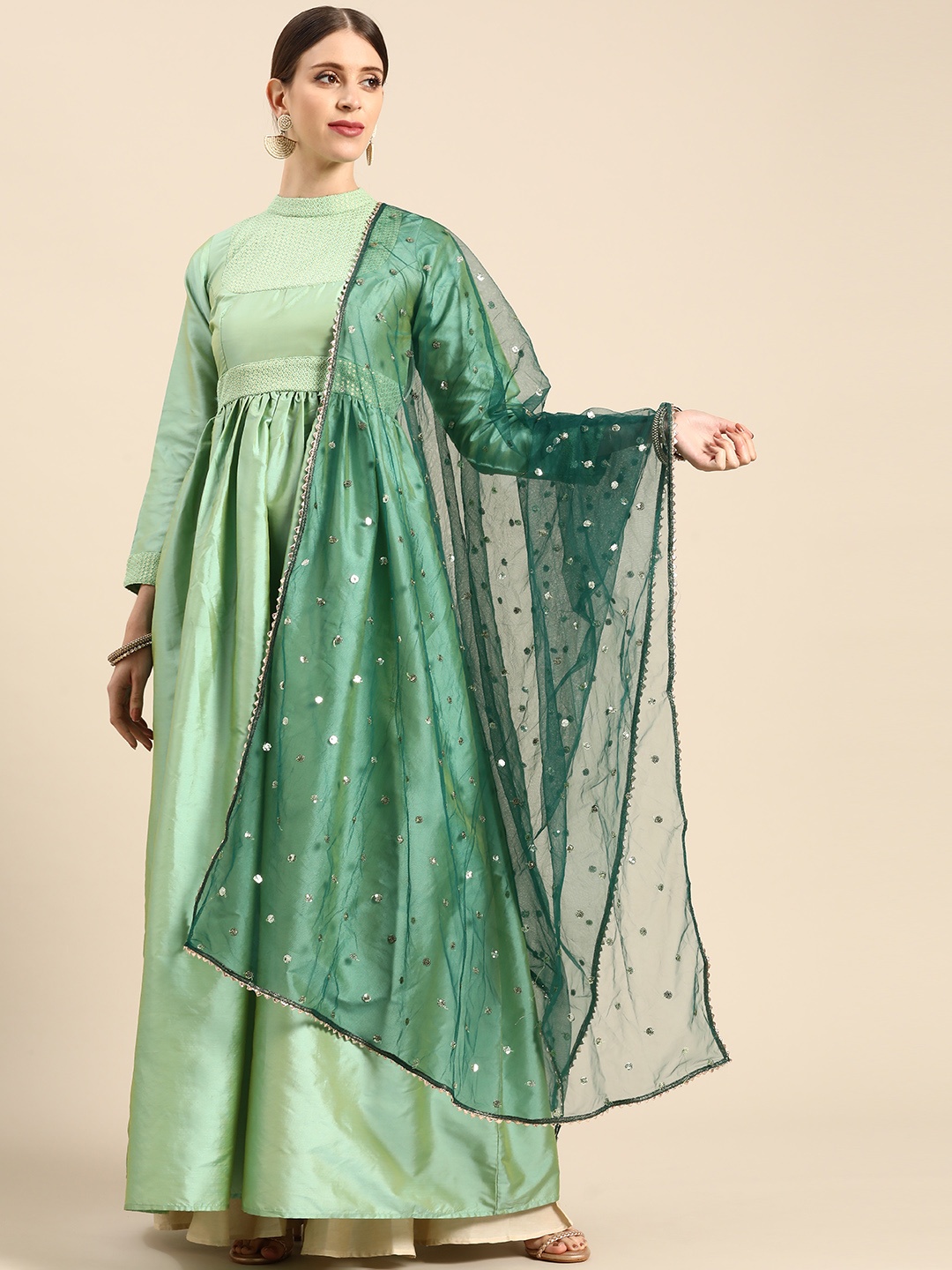 

Saadgi Women Green Chikankari Kurta with Dupatta