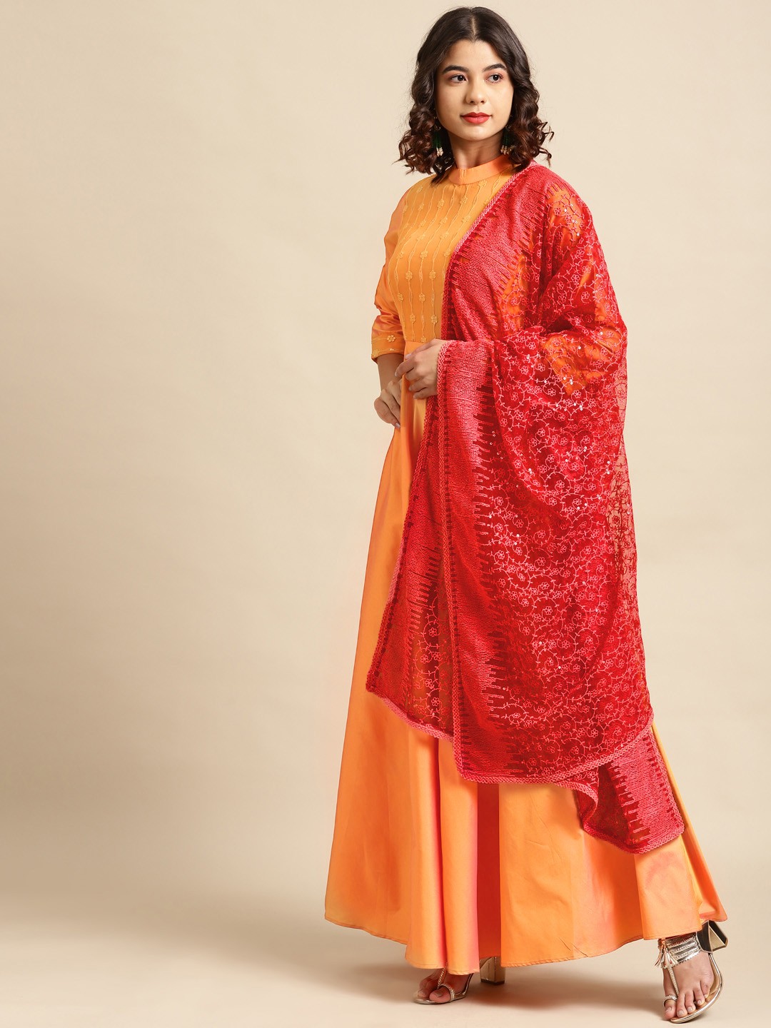 

Saadgi Women Orange Chikankari Kurta with Dupatta