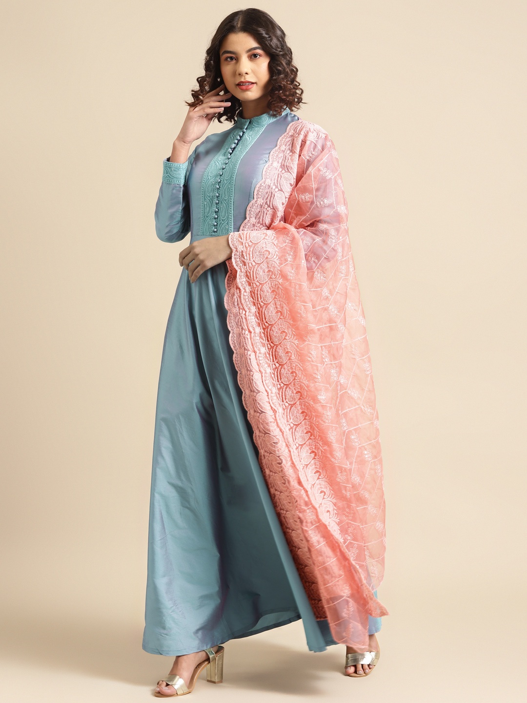 

Saadgi Women Turquoise Blue Chikankari A-Line Kurta with Dupatta