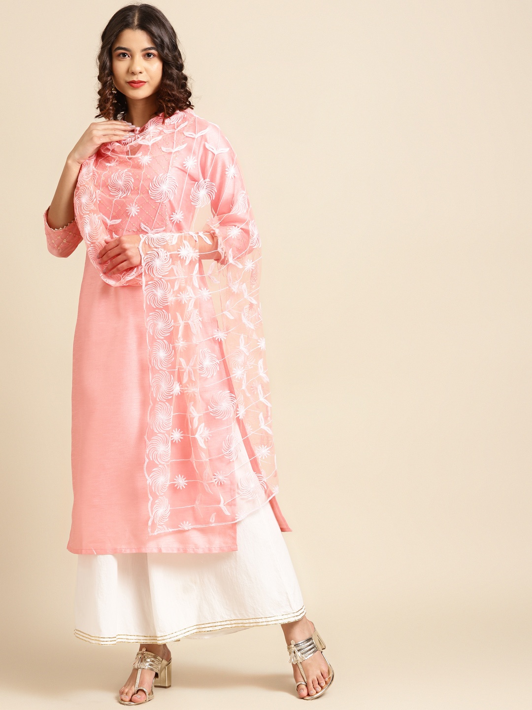 Saadgi Pink & Off-White Aari Embroidered Dupatta