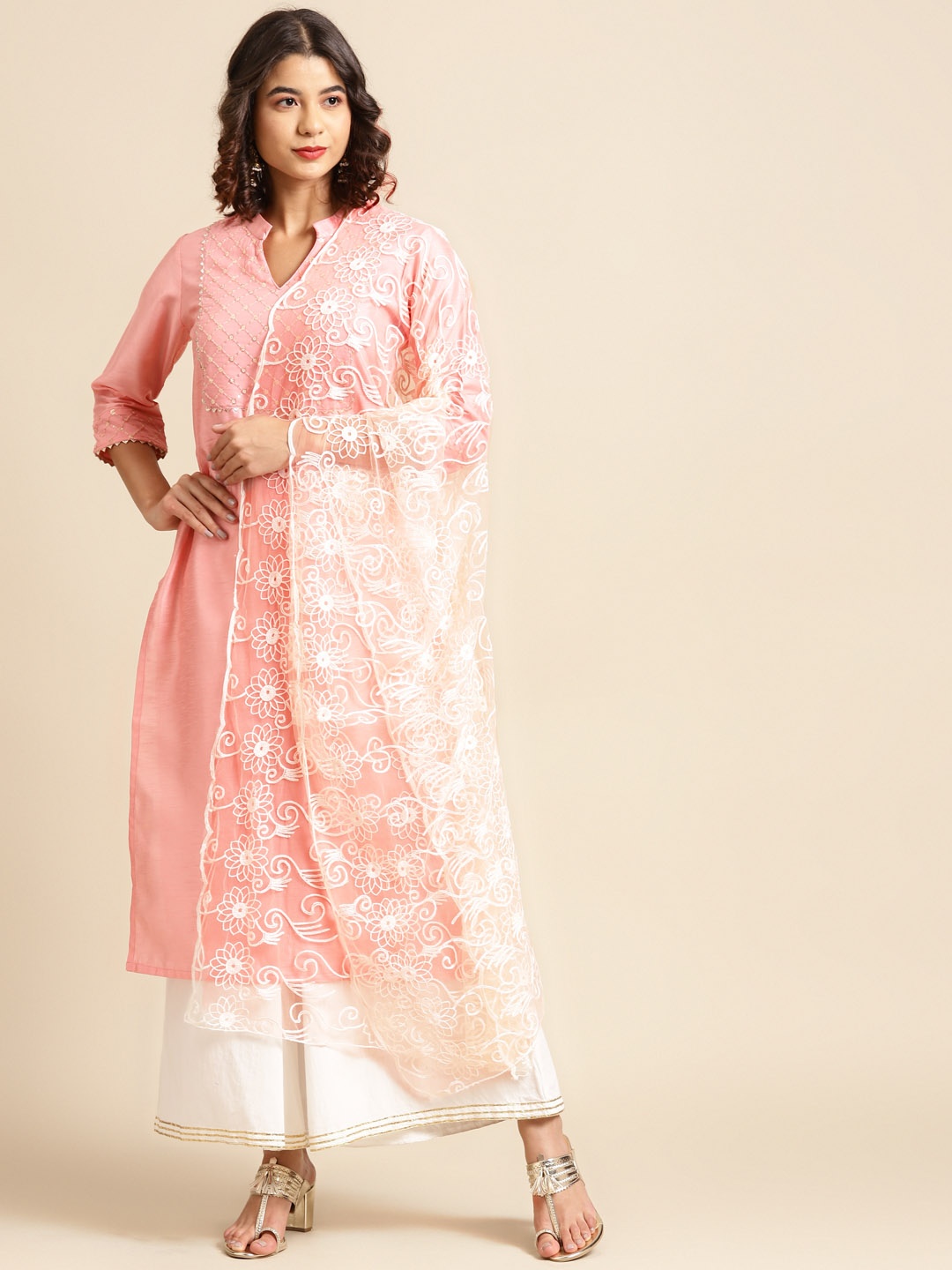 

Saadgi Beige & Off-White Ethnic Motifs Aari Embroidered Dupatta