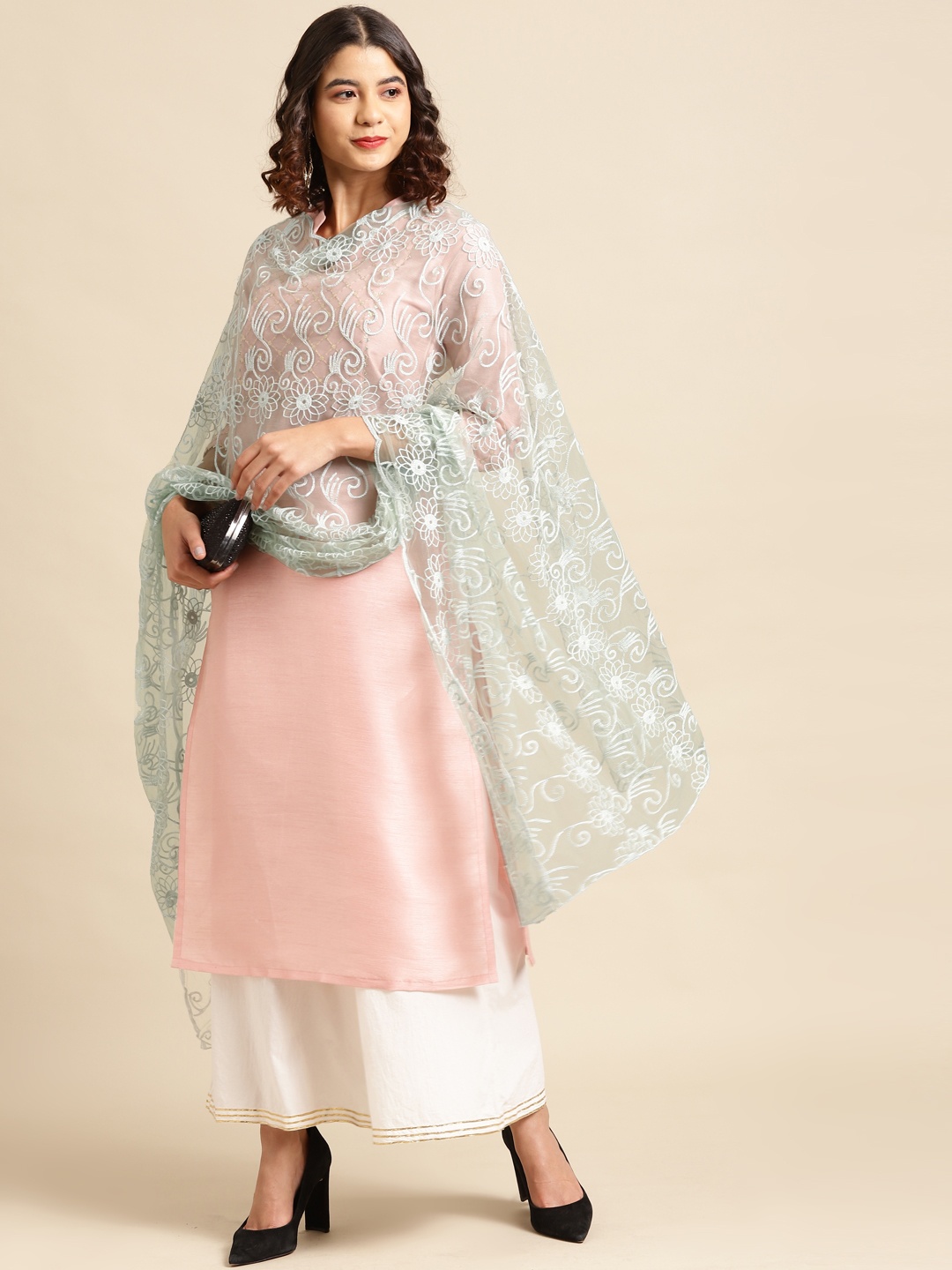 

Saadgi Sea Green Ethnic Motifs Aari Embroidered Dupatta