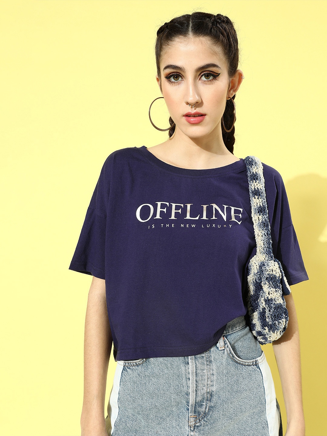 

Globus Women Deep Navy Blue Typography Cropped Tshirt