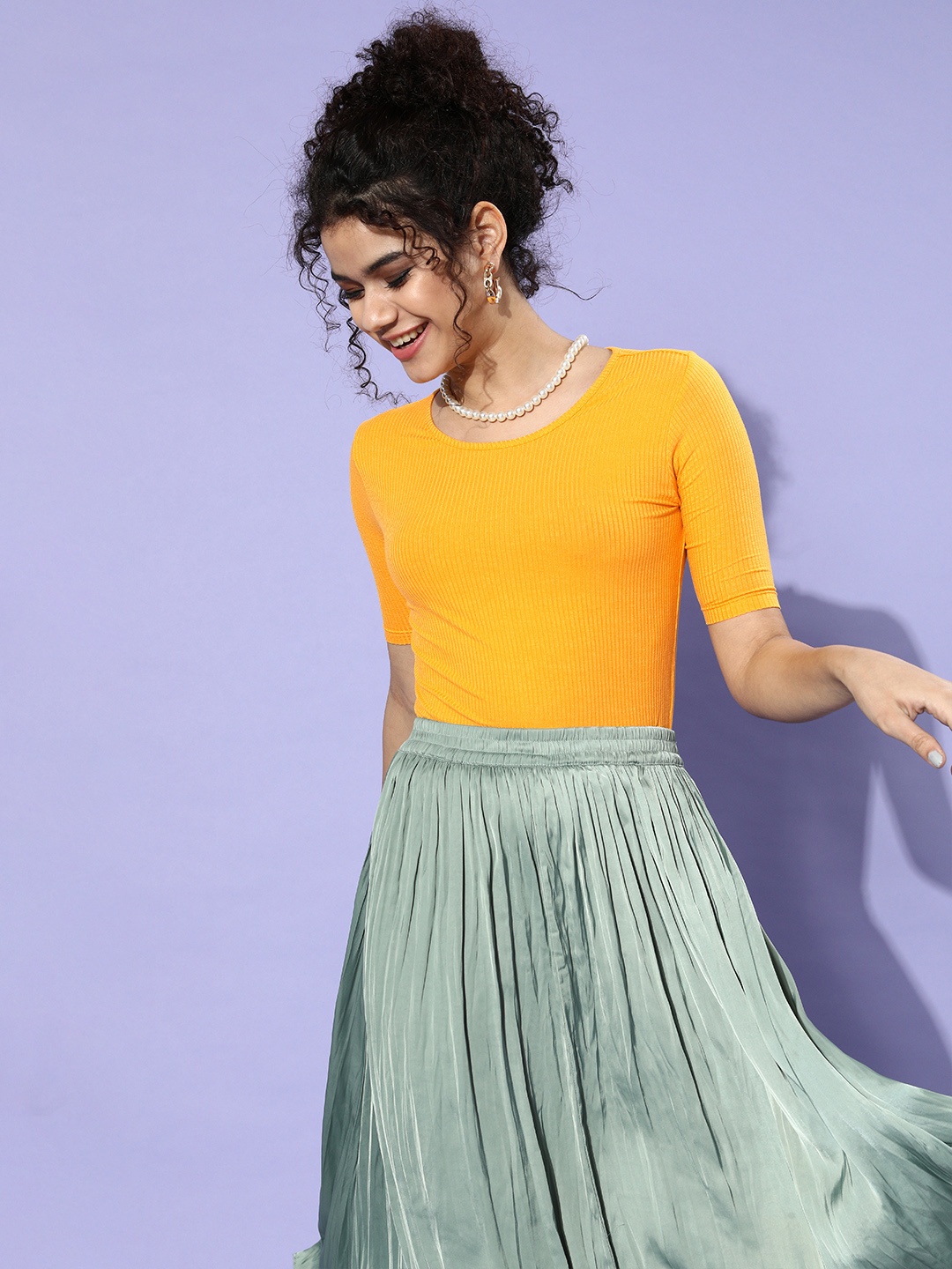 

Globus Women Mustard Yellow Ribbed T-shirt