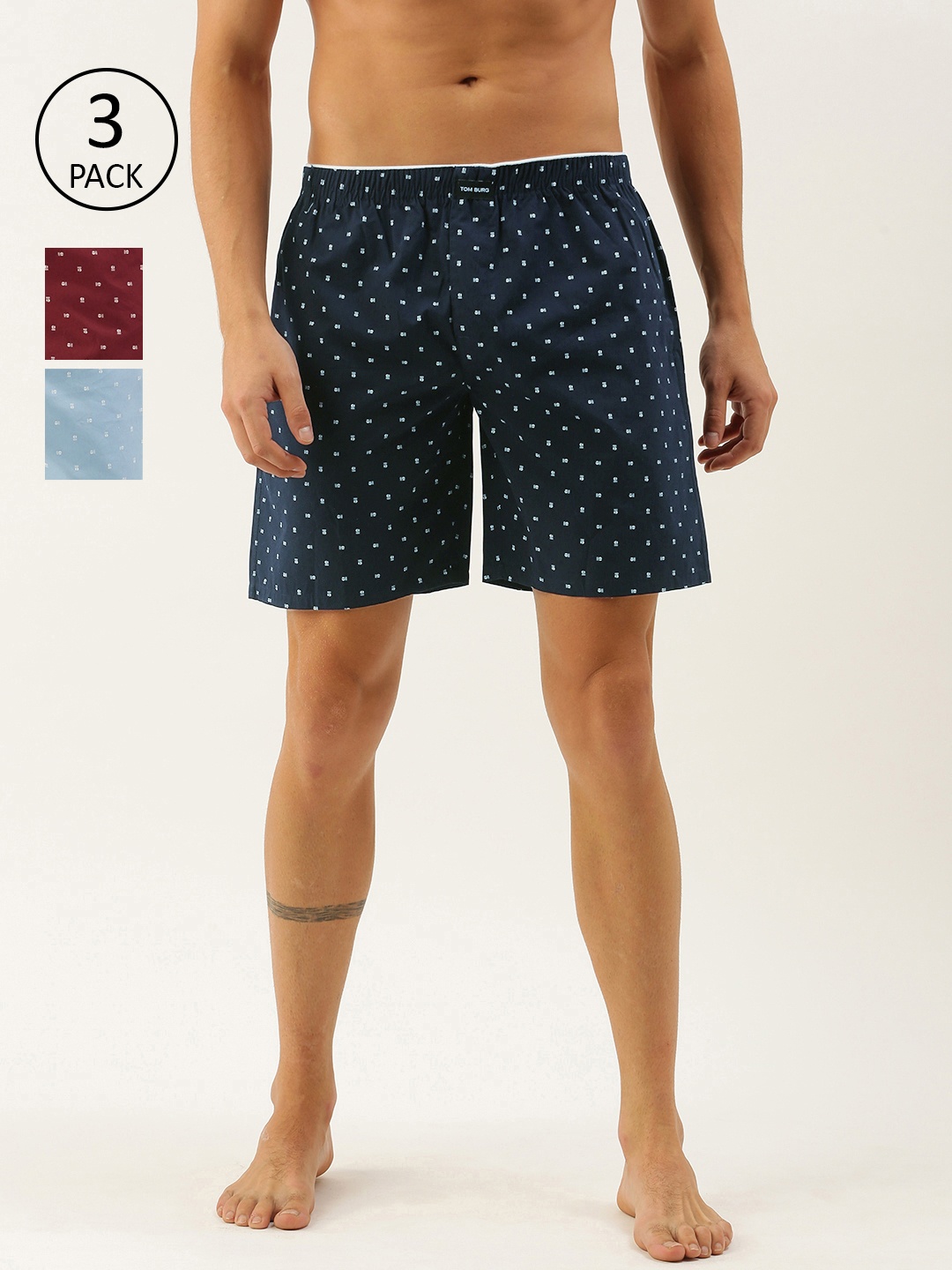 

TOM BURG Men Pack of 3 Printed Boxers 904, Blue