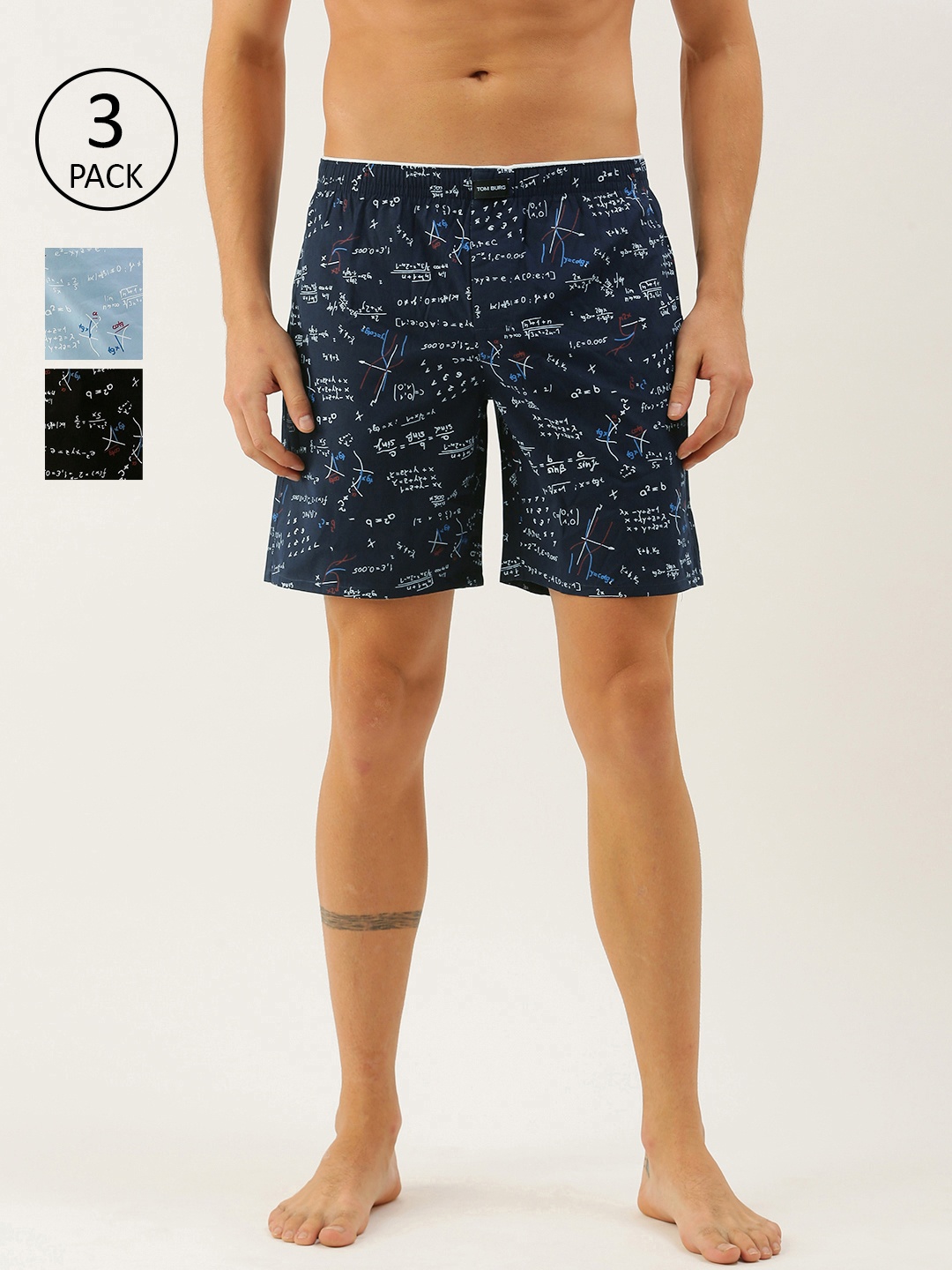 

TOM BURG Men Pack of 3 Cotton Printed Boxers 1001, Black