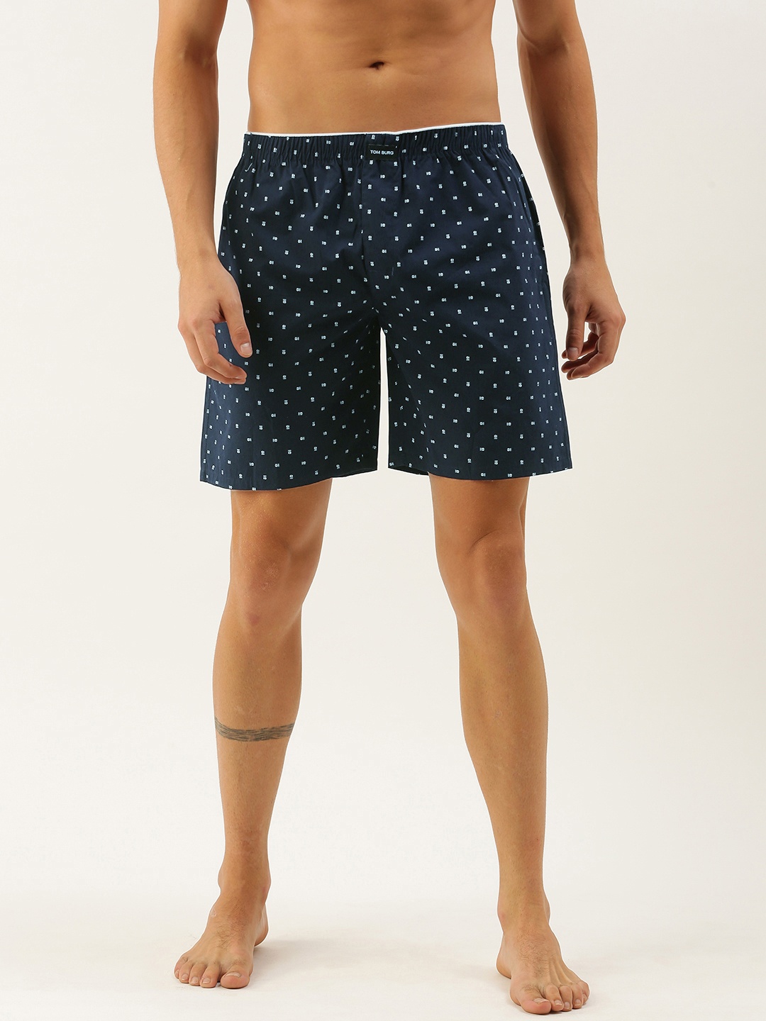 

TOM BURG Men Navy & White Combed Cotton Printed Boxers 809, Navy blue