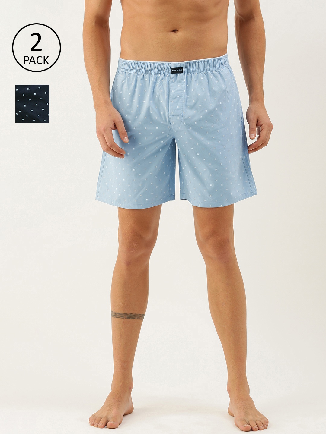 

TOM BURG Men Pack of 2 Printed Cotton Boxers 901, Blue