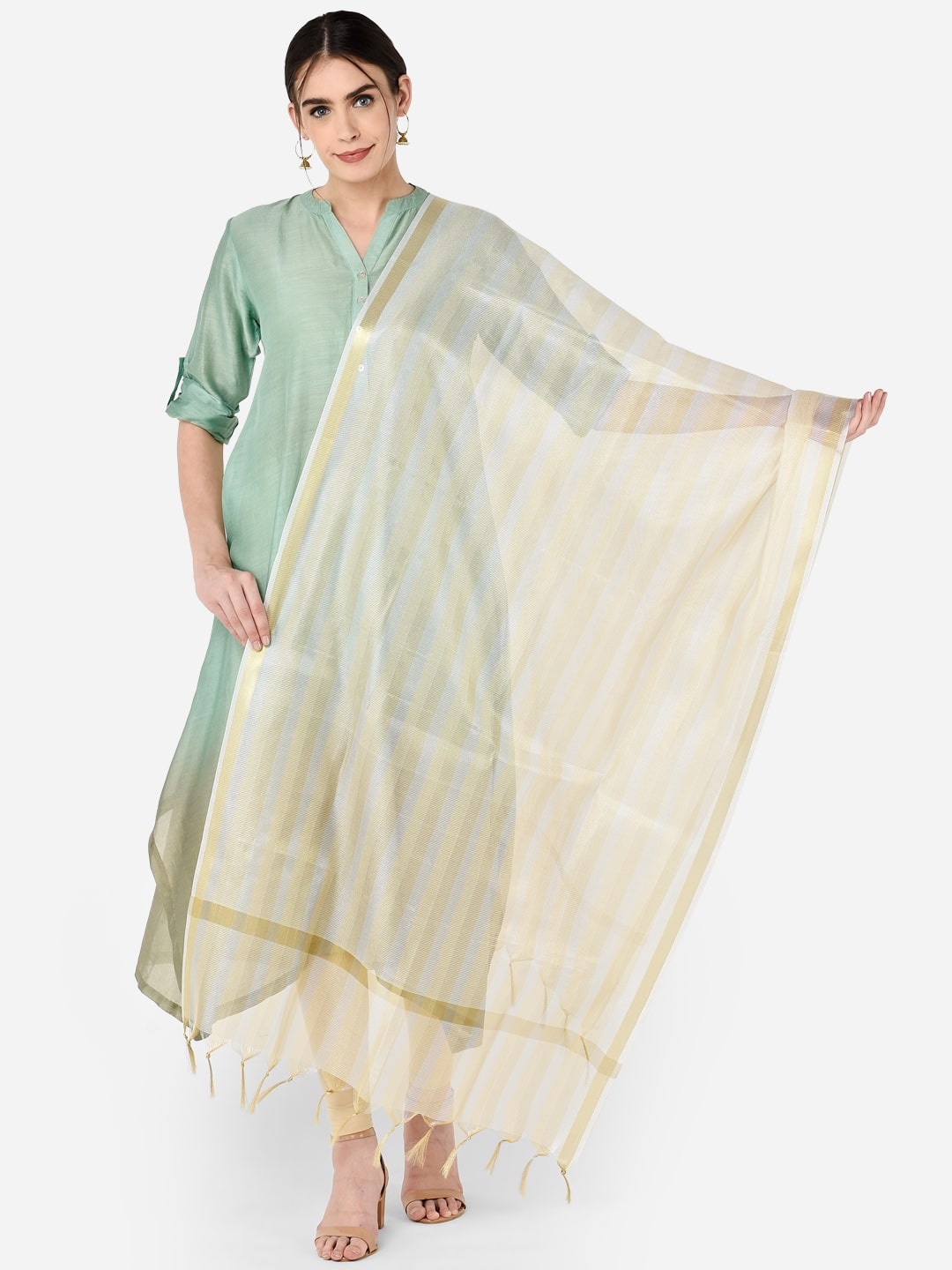 

Dupatta Bazaar White & Gold-Toned Tissue Silk Striped Dupatta