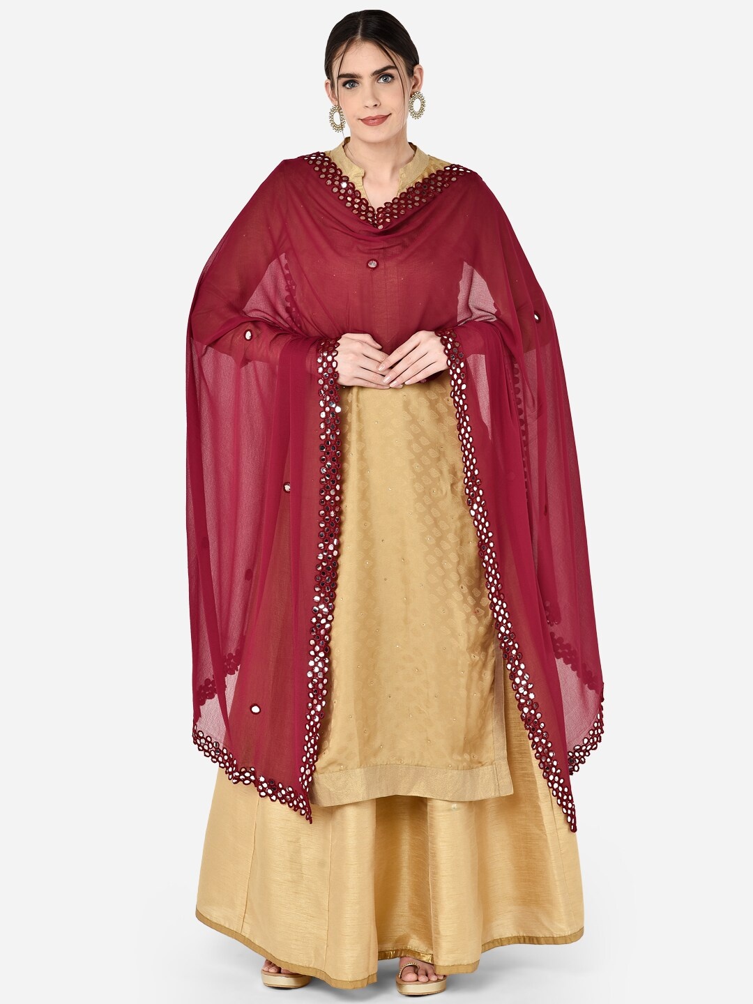 

Dupatta Bazaar Burgundy Mirror Work Chiffon Dupatta