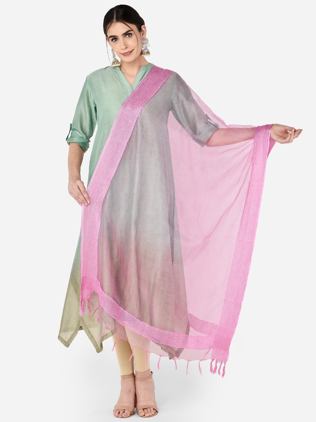 

Dupatta Bazaar Pink Solid Organza Dupatta with Jute Border