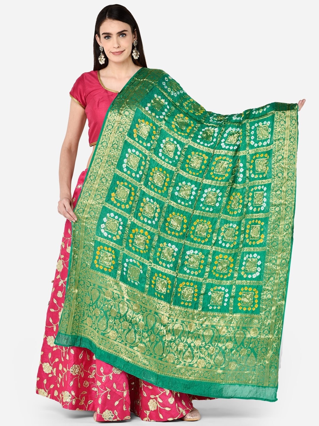 

Dupatta Bazaar Green & Gold-Toned Woven Design Banarasi Gharchola Bandhej Dupatta