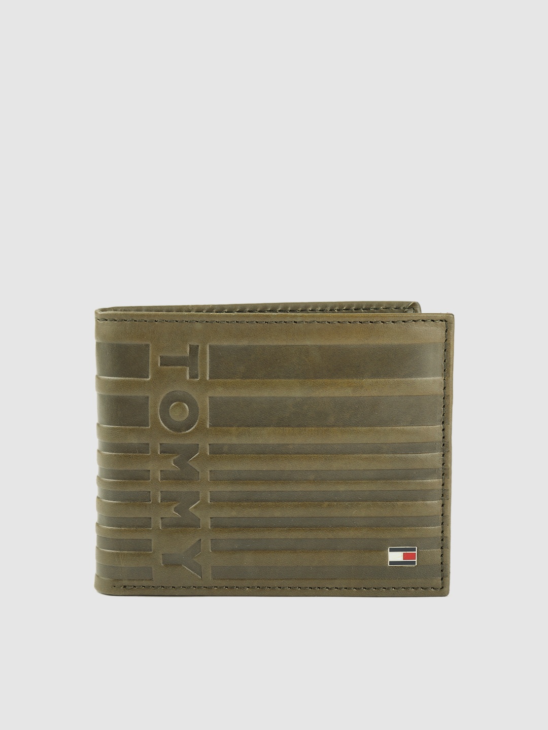 

Tommy Hilfiger Men Olive Green Self Striped Brand Logo Textured Leather Two Fold Wallet