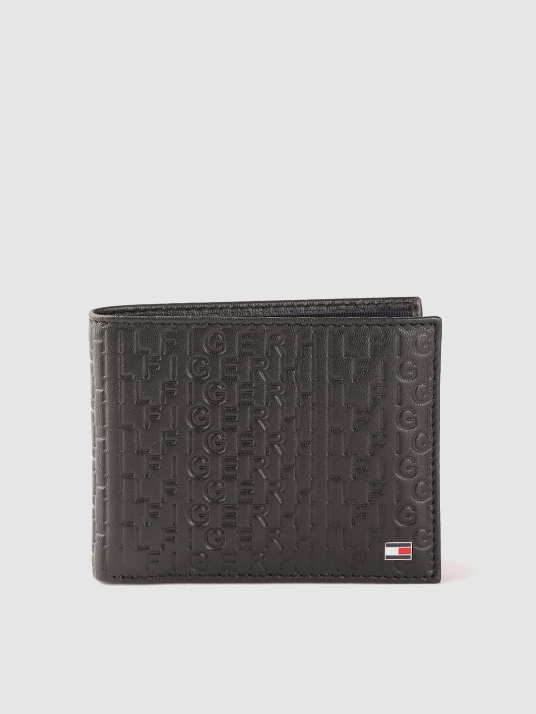 Tommy Hilfiger Men Black Typography Textured Leather Two Fold Wallet