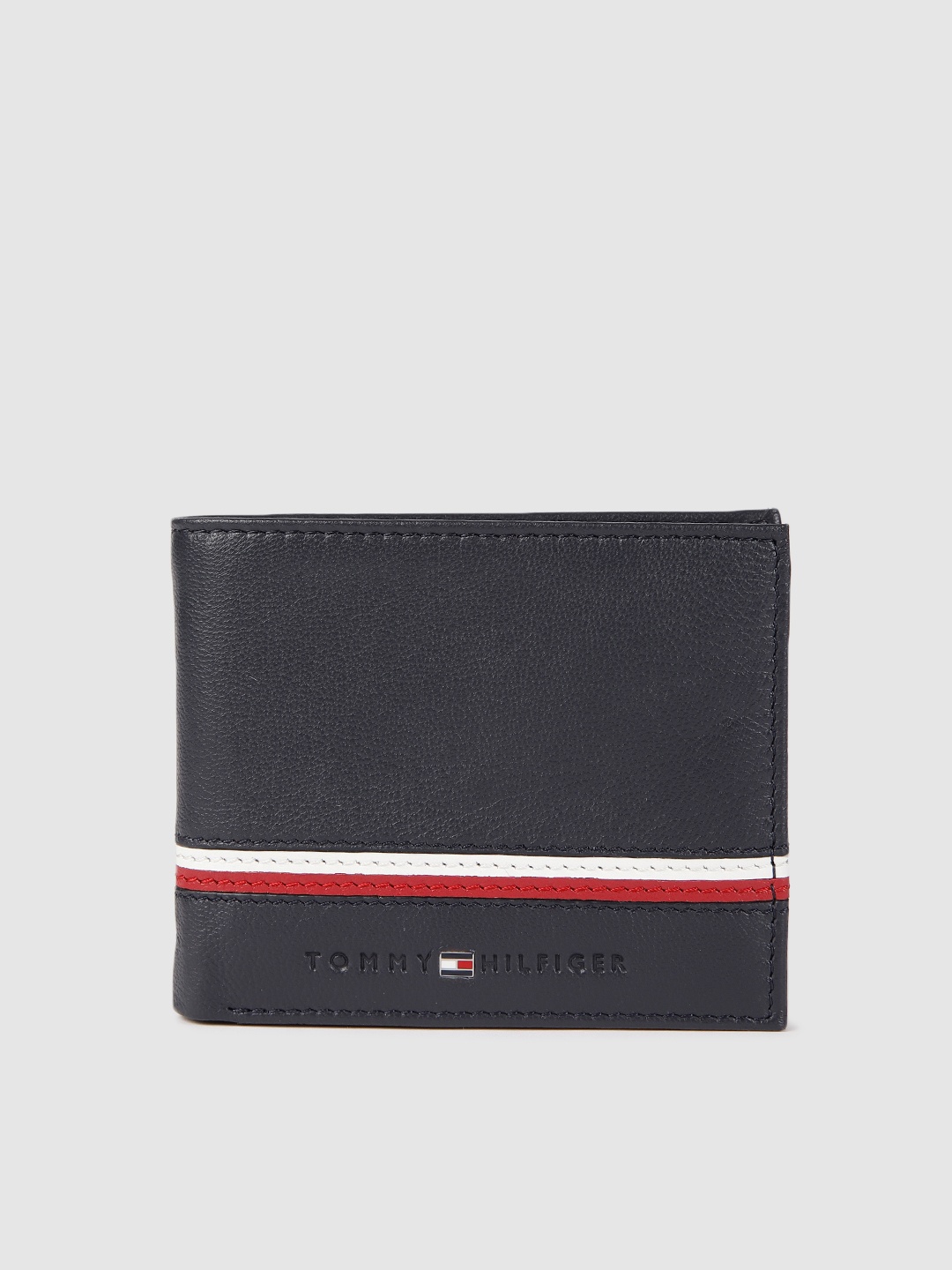 

Tommy Hilfiger Men Navy Blue Solid Applique Leather Two Fold Wallet