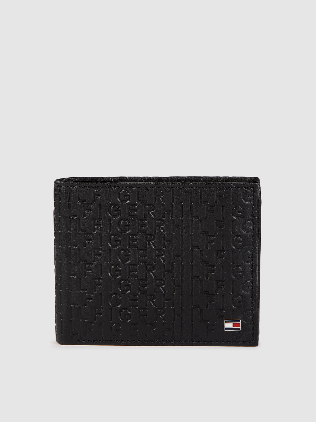 

Tommy Hilfiger Men Black Typography Textured Leather Two Fold Wallet