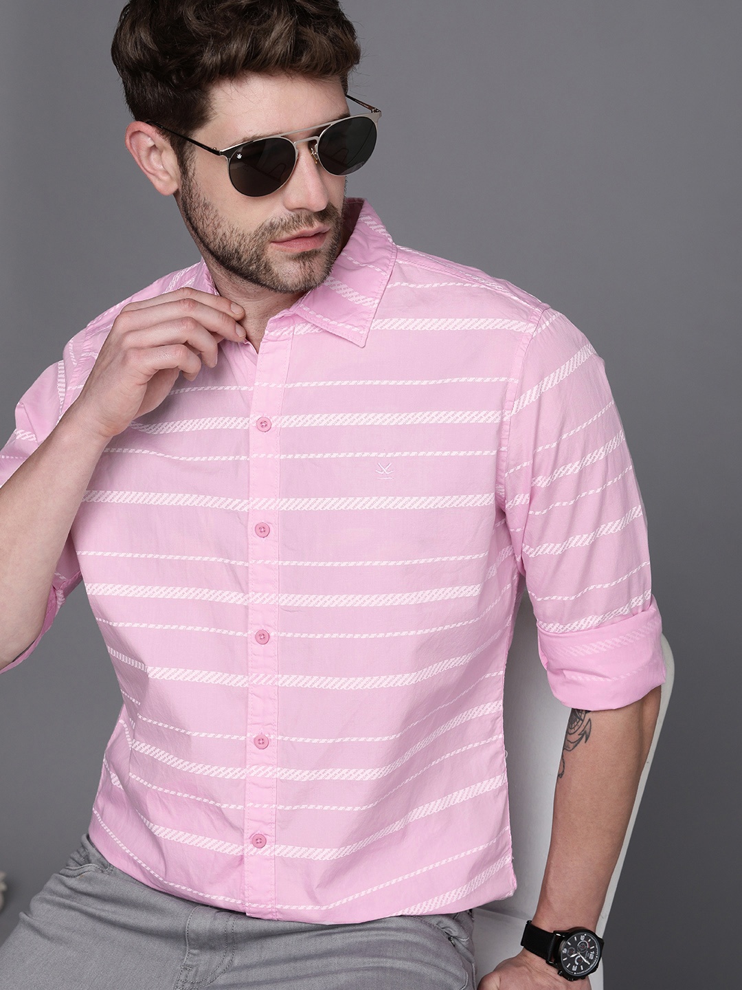 

WROGN Men Pink & White Slim Fit Striped Pure Cotton Casual Shirt