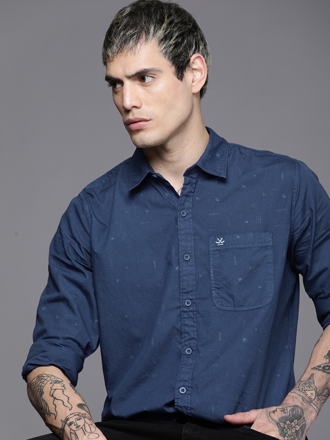 

WROGN Men Navy Blue Slim Fit Casual Shirt
