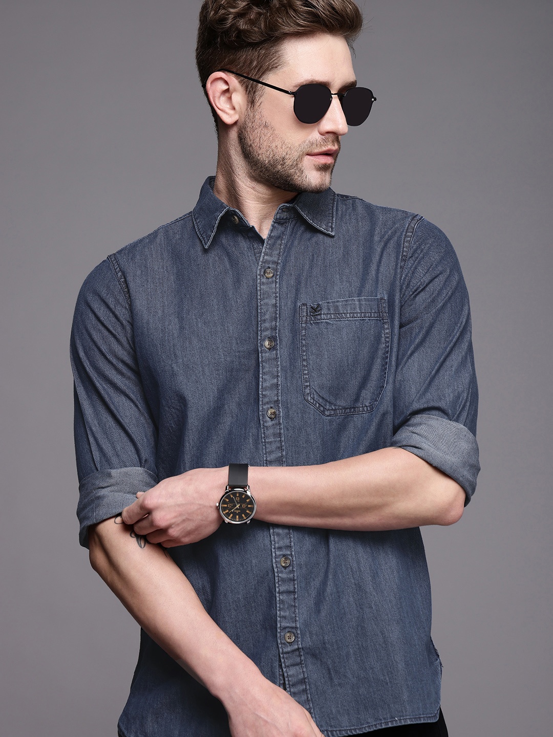 

WROGN Men Blue Solid Slim Fit Denim Casual Shirt