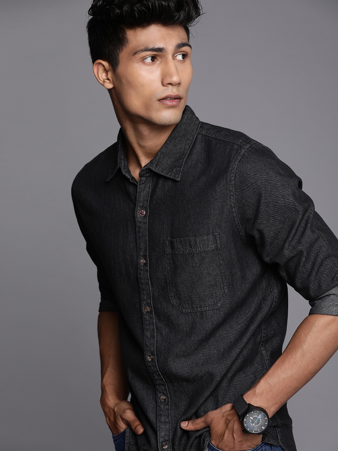 

WROGN Men Black Denim Slim Fit Casual Shirt