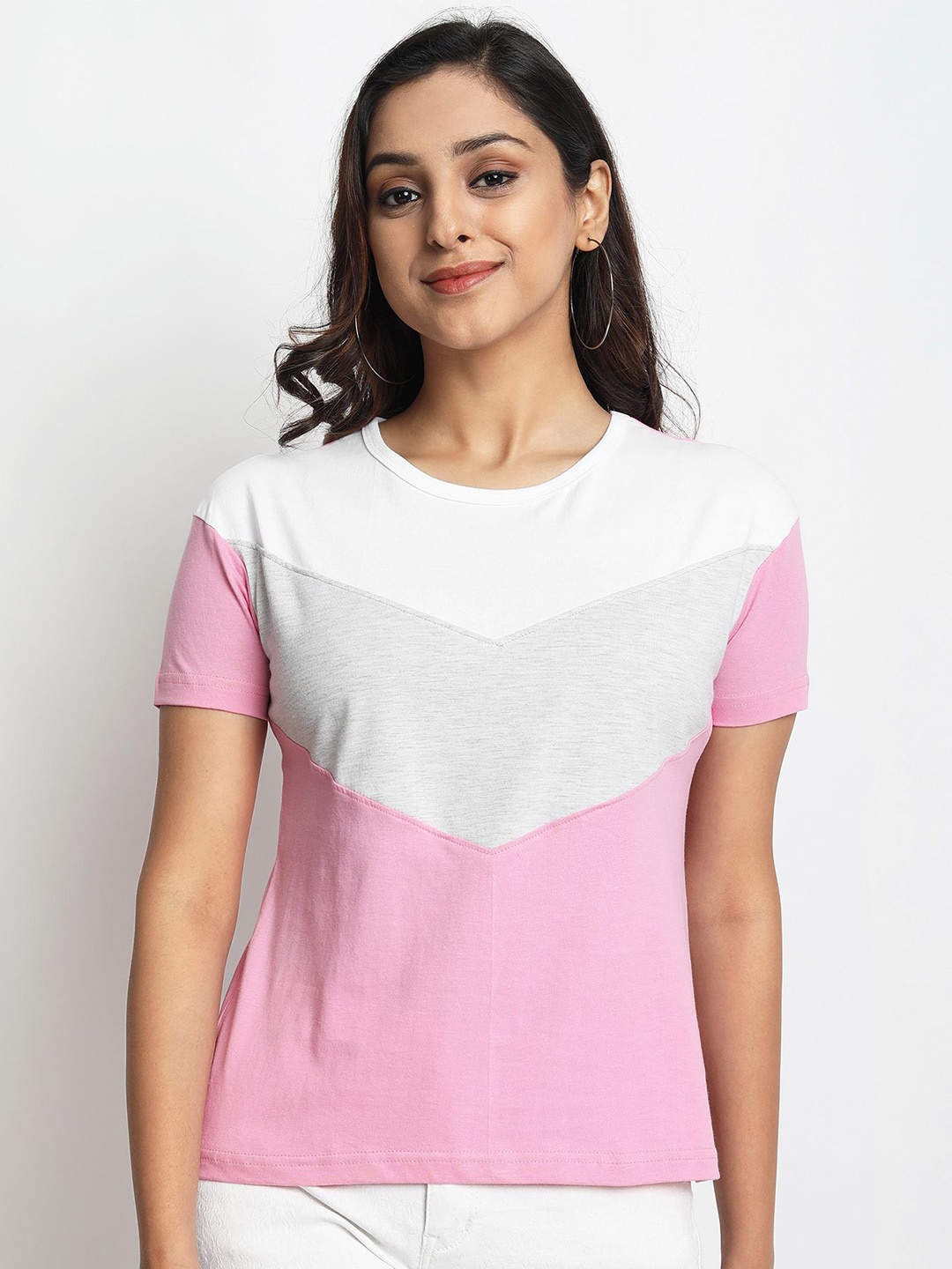 

JUNEBERRY Women Pink Colourblocked Round Neck Cotton T-shirt
