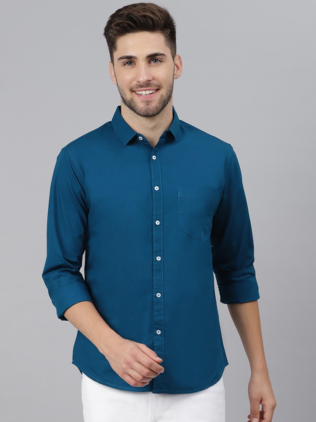 

Dennis Lingo Men Blue Solid Slim Fit Cotton Casual Shirt