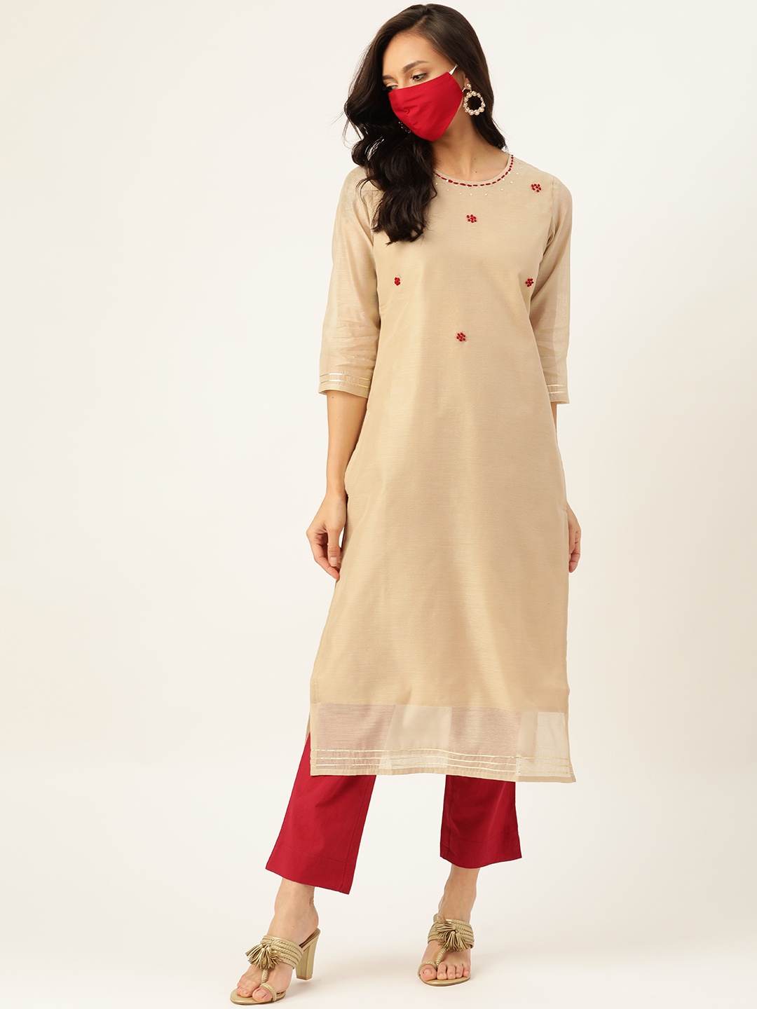 

Maaesa Women Beige Sequinned Chanderi Cotton Kurta with Trousers