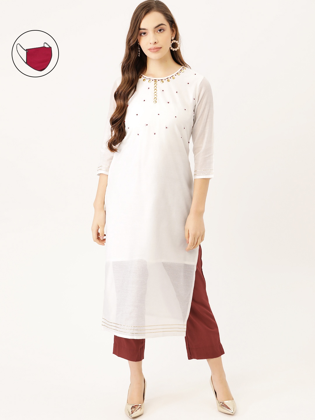 

Maaesa Women White Embroidered Thread Work Chanderi Cotton Kurta with Trousers
